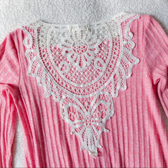 Pink Asymmetrical Lace Long Sleeve Tunic Top - Picture 6 of 6
